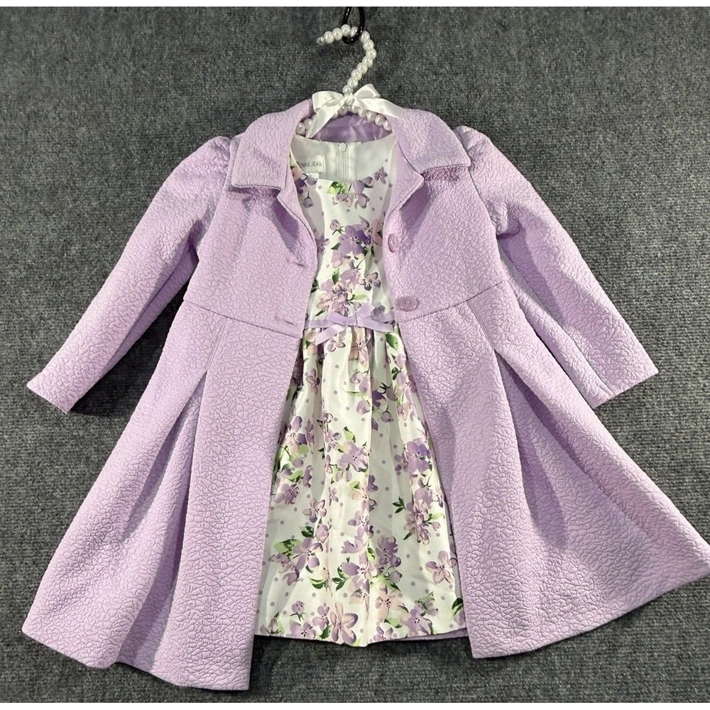 Bonnie Jean Girls 3T 2 Pc Lavender Floral Dress & Textured Button Coat Set EUC